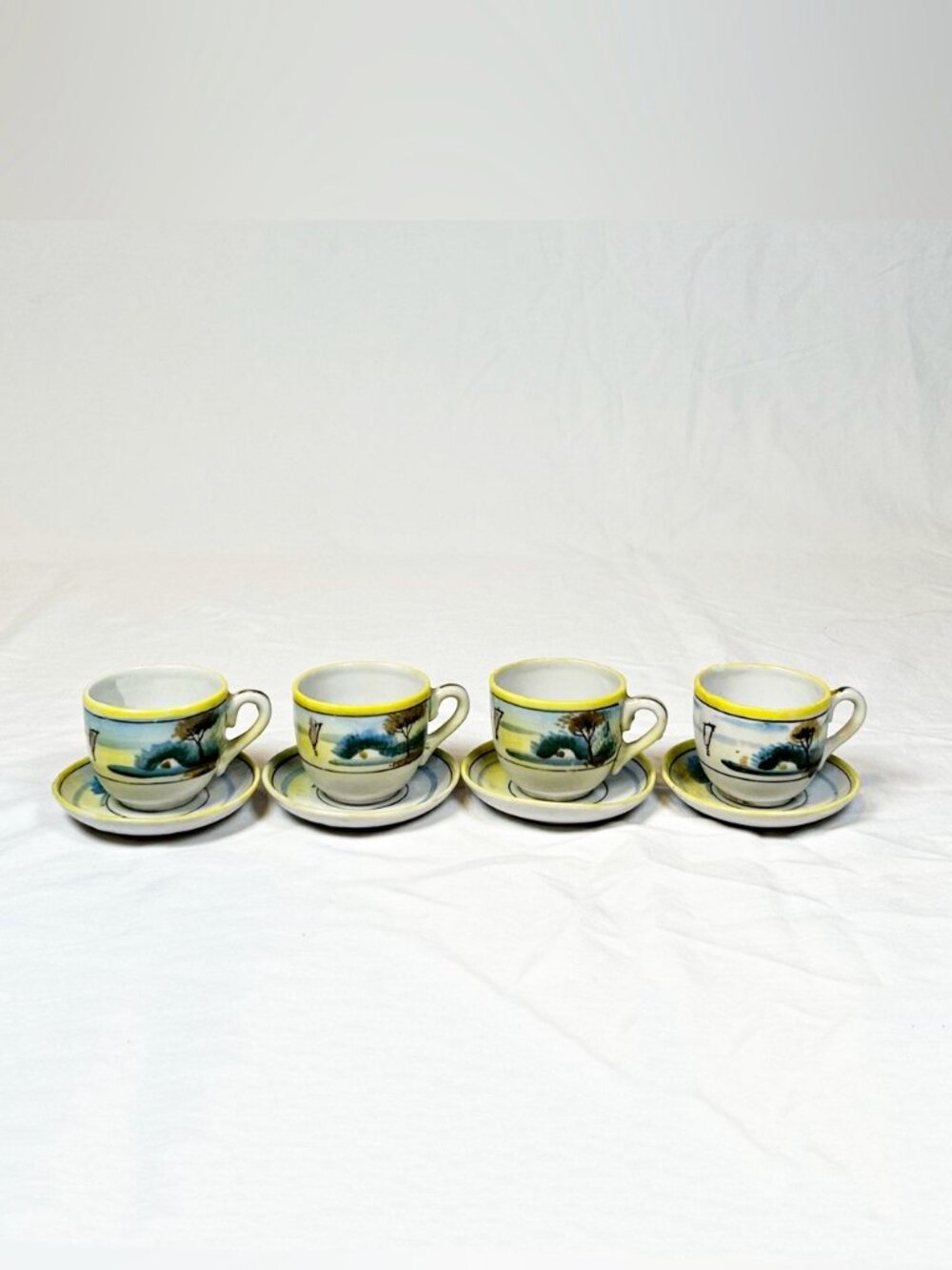 Vintage Set of 4 Hand Painted Landscape Yellow Trim Miniature Teacup and Saucer